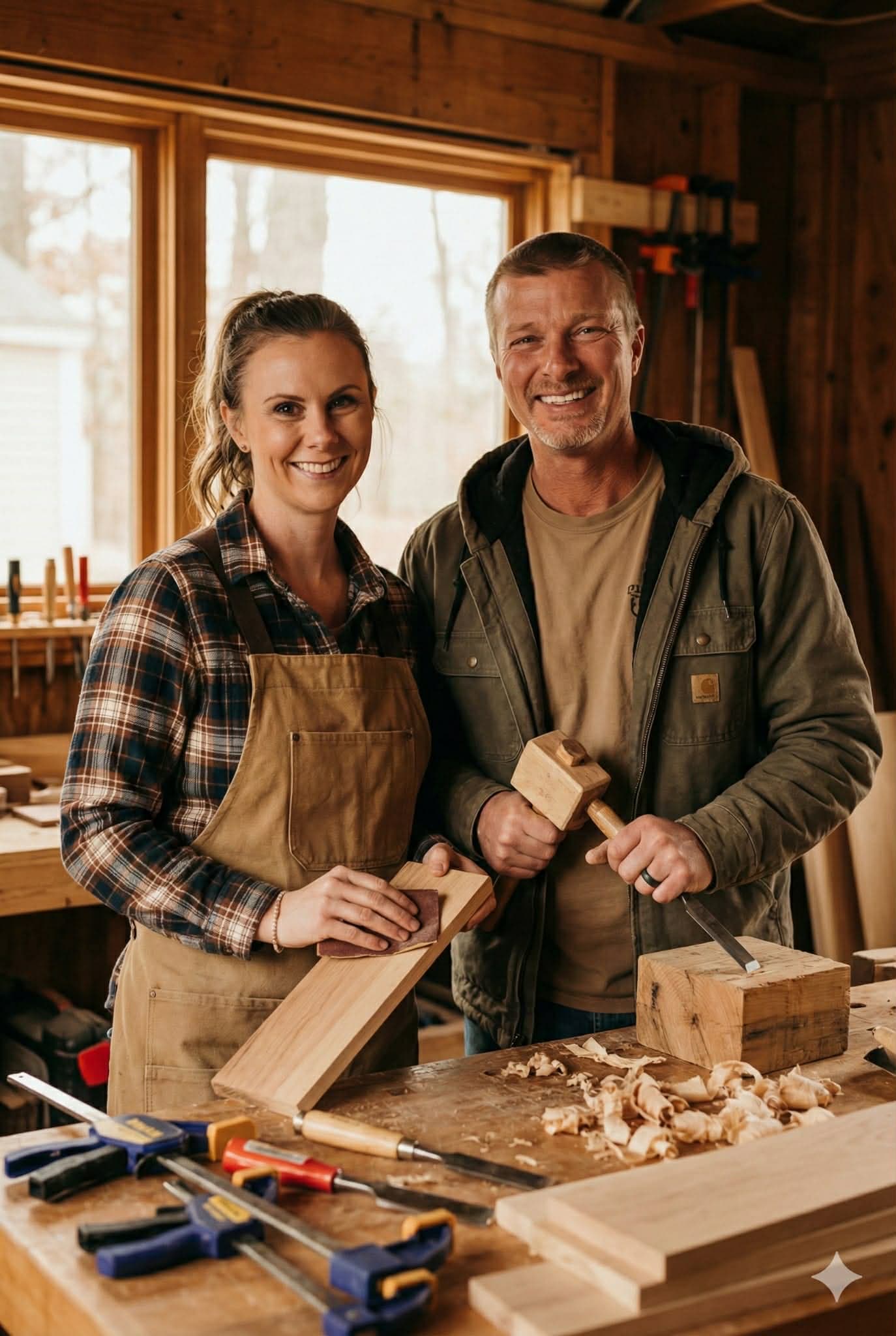 Dave and Hannah in their woodworking workshop